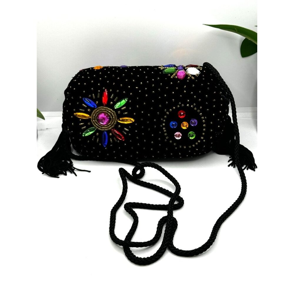 Magid Beaded Velvet Crossbody Bag With Colorful Rhinestones & Tassel
